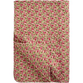 Ib Laursen - Quilt beige med r�de og rosa blomster, gr�nne blade - 130 x 180 cm