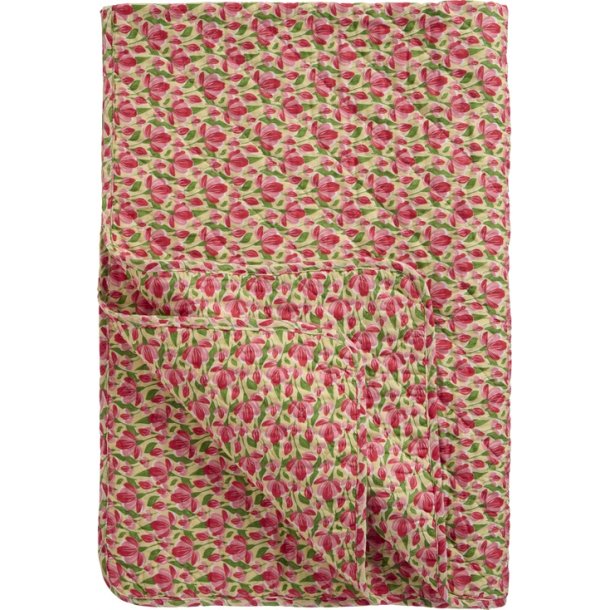 Ib Laursen - Quilt beige med r�de og rosa blomster, gr�nne blade - 130 x 180 cm