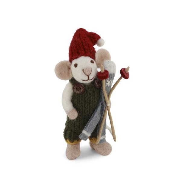 Gry &amp; Sif - Lille hvid drenge mus med rgrnne bukser og ski - 12cm