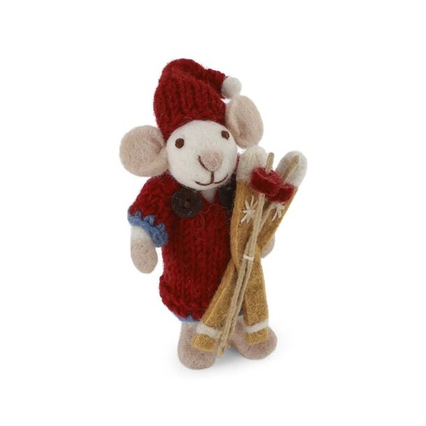 Gry &amp; Sif - Lille hvid pige mus med rd kjole og ski - 12cm