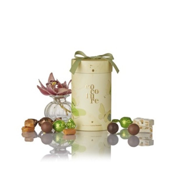 Cocoture - 250g mix chokoladekugler, fransk nougat &amp; karameller i gult gaver�r m. blomst &amp; sl�jfe