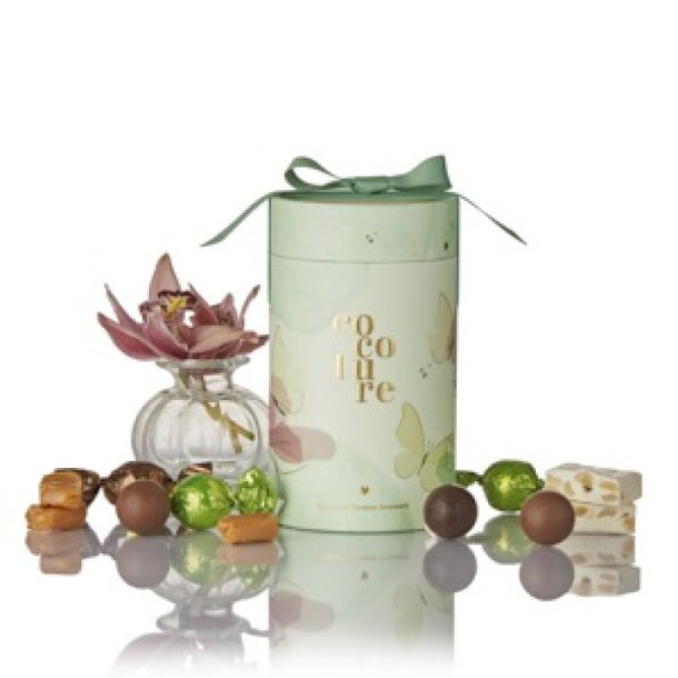 Cocoture - 250g mix chokoladekugler, fransk nougat &amp; karameller i gr�nt gaver�r m. blomst &amp; sl�jfe