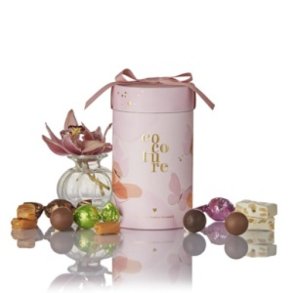 Cocoture - 250g mix chokoladekugler, fransk nougat & karameller i lyser�dt gaver�r m. blomst & sl�jfe
