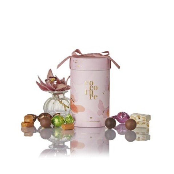 Cocoture - 250g mix chokoladekugler, fransk nougat &amp; karameller i lyser�dt gaver�r m. blomst &amp; sl�jfe