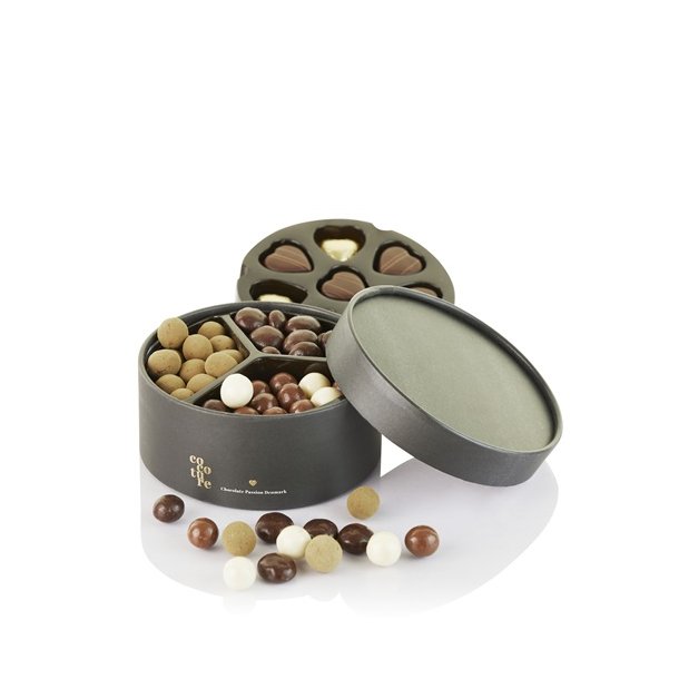 Cocoture - mix  marcipanhjerter, drag, guld  foliehjerte  i sort hatteske 240g