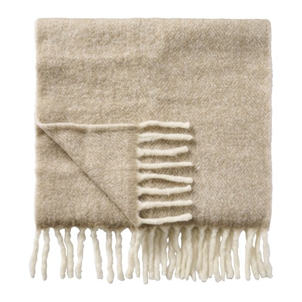 Ib Laursen - Plaid sandfarvet melange med off white frynser 130x170 cm.
