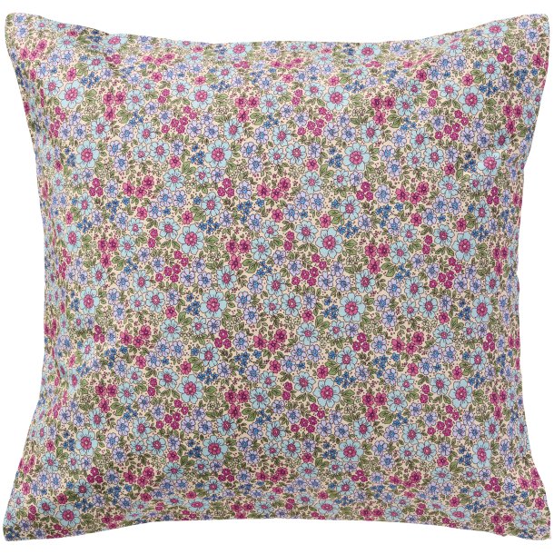 Ib Laursen - Pudebetr�k creme med turkis, bl�, fuchsia og lilla blomster - 60x60 cm.