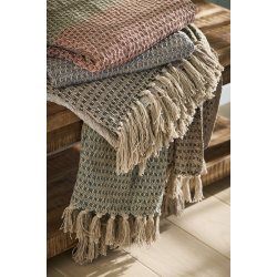 Ib Laursen Plaid natur med sort-m�rkegr�t-lysebl�t stribem�nster 130x160 cm