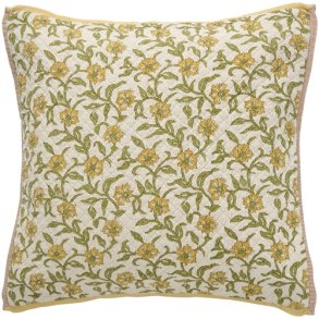 Ib Laursen - Pudebetr�k Vigga med gult og gr�nt print dobbeltv�vet, bagside neutral 50x50 cm.