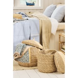 Ib Laursen - Plaid Vigga -petrol print dobbeltvvet, bagside neutral 130x170 cm.