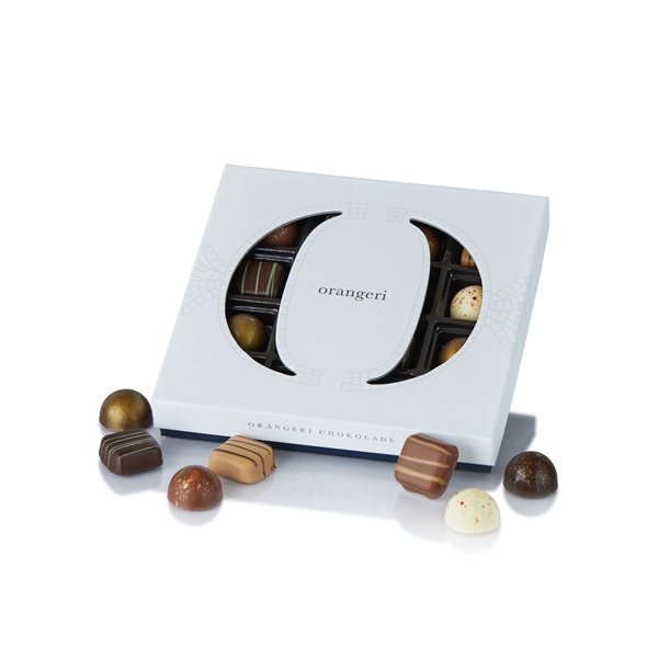 Cocoture - 144g 16 stk fyldt chokolade og marcipanstykker i orangeri �ske med bl� bund 