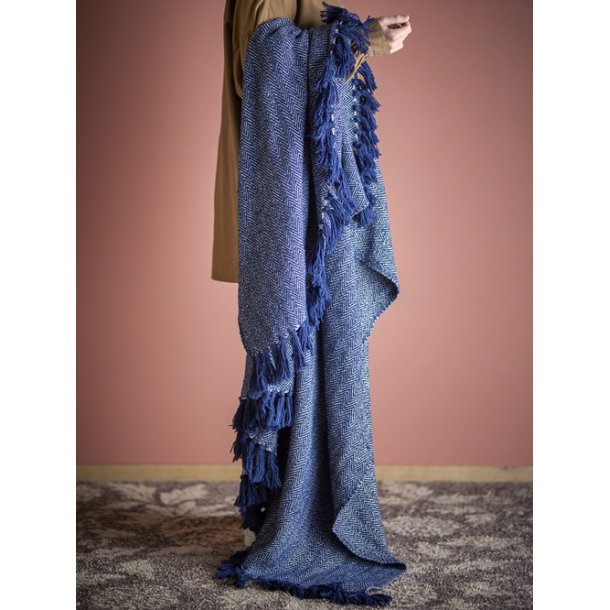 Bloomingville - Herringbone Plaid, Bl�, Genanvendt Bomuld - 160x130 cm.