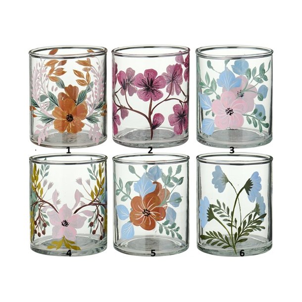 Ib Laursen  Stage til fyrfadslys 6 forskellige smal med h�ndmalede blomster - 1 stk - v�lg variant