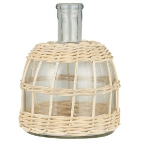 Ib Laursen Apotekerglas stor til bedelys med rattanflet, mundblst H: 16,5 : 12