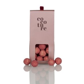 Cocoture - 90g lyser�d kugle med hvid chokolade & flydende hindb�r i metallic lyser�d Cocoture drag�box