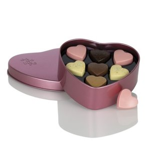 Cocoture Ca. 63g Fyldte chokoladehjerter i metallic lyser�d Cocoture metalhjerte