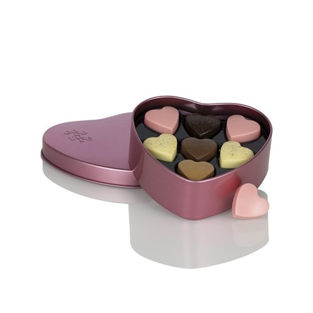 Cocoture Ca. 63g Fyldte chokoladehjerter i metallic lyser�d Cocoture metalhjerte