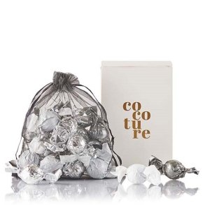 Cocoture - 320g mixet Cocoturekugler, hvid,stlgr, slv i sort giftbags i Cocoturebox
