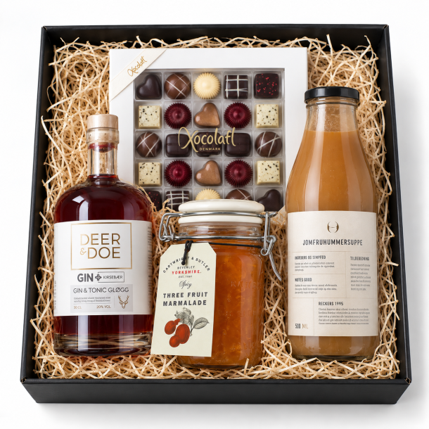 Gavekurv med Gin gl�gg, hummersuppe, luksus chokolade og engelsk marmelade