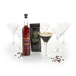 Espresso martini gavekurv med l�kkerier og glas.