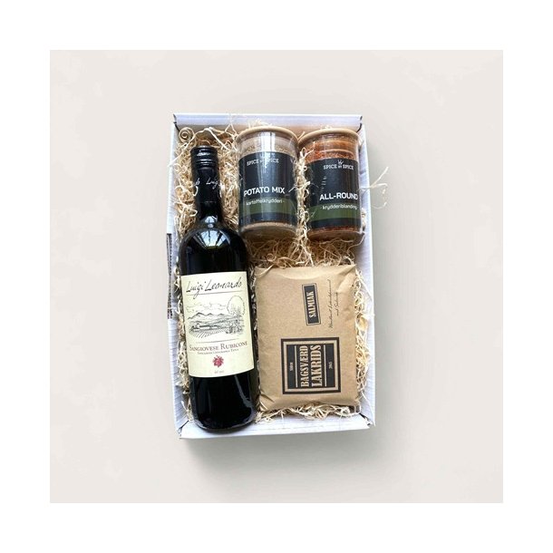 Gavekurv med vin, krydderier og lakrids