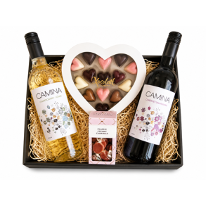 Gavekurv med vin, chokolade og karamel