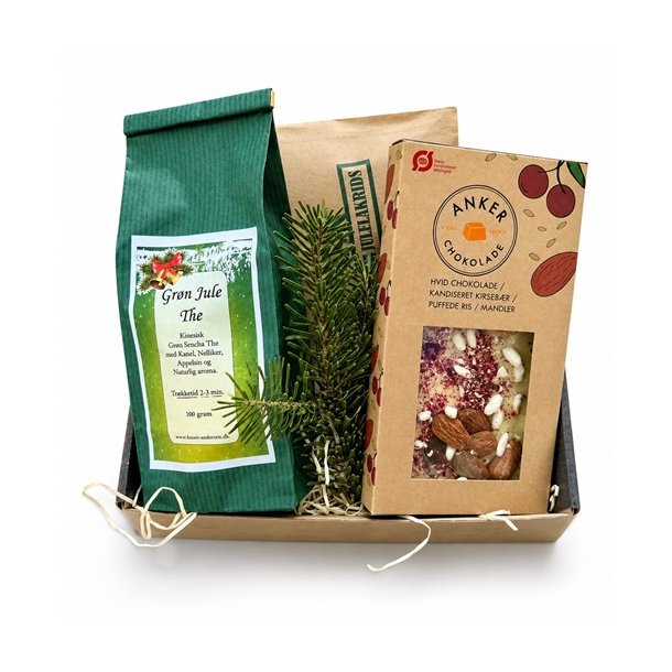 Julekurv med te, julelakrids og chokolade