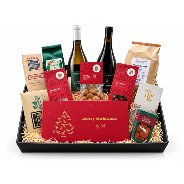 Stor luksus gavekurv med l�kker vin og masser af julegodter 