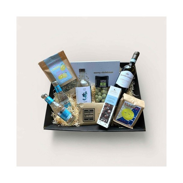 Luksus gavekurv med god vin, gin, kaffe og masser af lkkerier