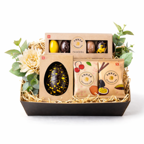 P�skegave med Anker Chokolade og blomster