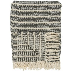 Ib Laursen Plaid - tppe creme med mrkegrt/sort stribemnster 130x160 cm.