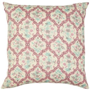 Ib Laursen Pudebetrk Anja cremefarvet med lyserdt og grnt blomstermnster 50 x 50 cm.