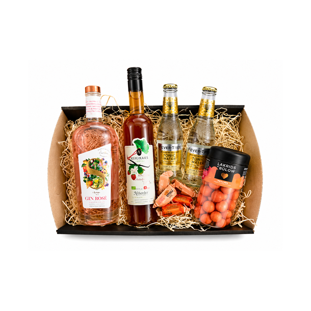 Sommerkurv med Gin Ros�, rabarberlik�r og snacks