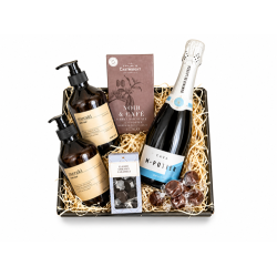 Stilfuld gavekurv med bobler, meraki, chokolade og karamel