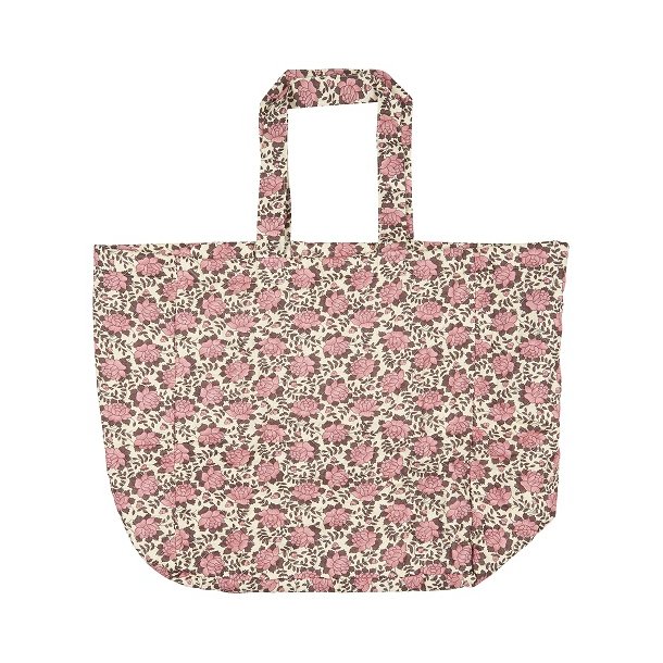Ib Laursen - Taske quiltet naturfarvet med rosa og brunt blomstermnster