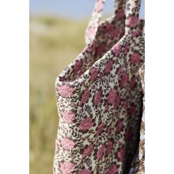 Ib Laursen - Taske quiltet naturfarvet med rosa og brunt blomstermnster