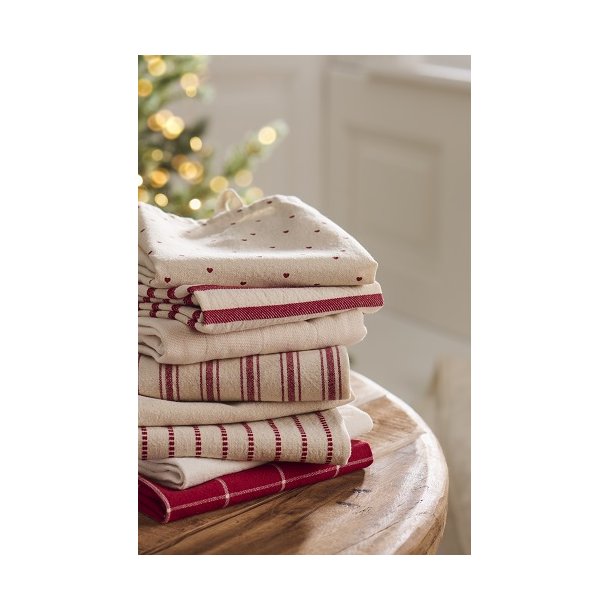 Ib Laursen - Viskestykke Valentin natur med rde hjerter 50x70cm.