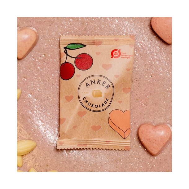 Anker Chokolade Flowpack - Kirseb�r hjerte - Grand Cru hvid chokolade 10g 