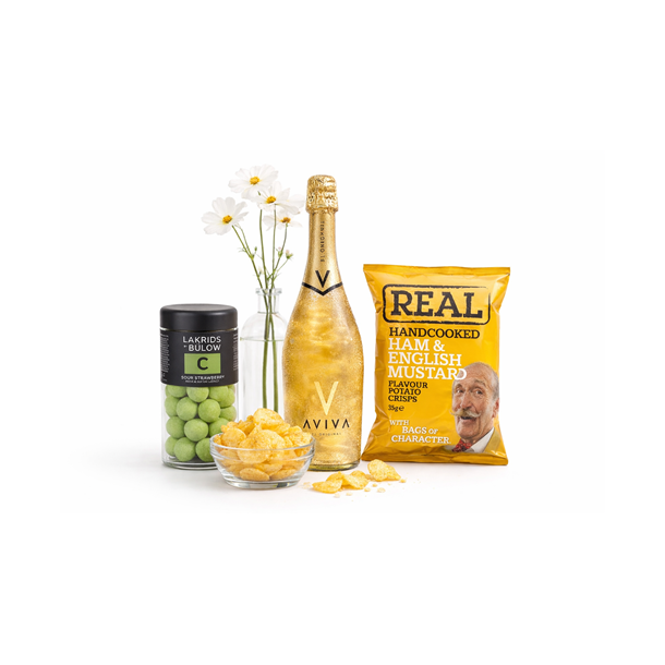 L�kker gul gavepose med AVIVA, lakrids og chips (inkl. blomsterstilk)