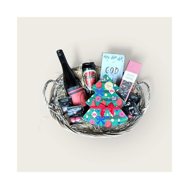 Lkker gavekurv med vin og slik