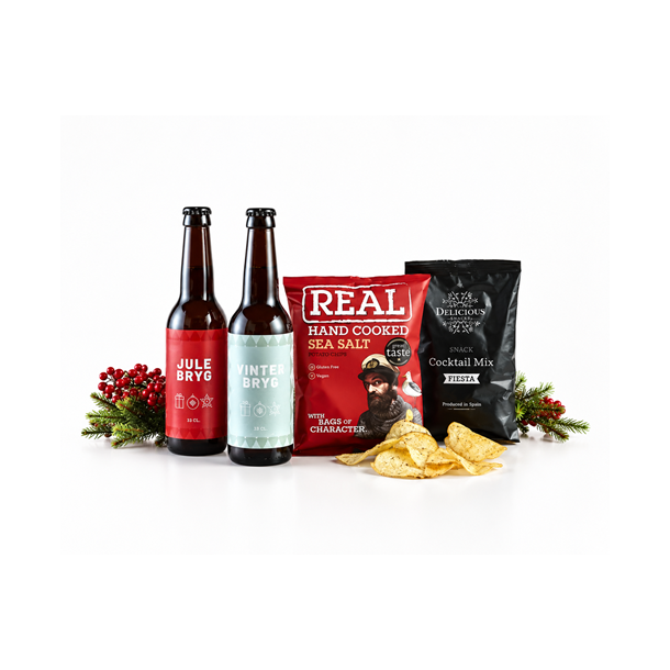 Julebryg 2026 � Gavepose med 2 jule�l, chips &amp; n�dder