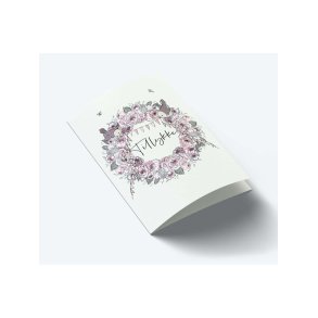  Mouse & Pen - Tillykke kort med Rosa blomsterkrans, -  lille  A7 Kort